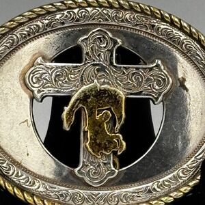 Vintage Ivan Taiwan Western Bull Rider Cross Belt Buckle Silver Gold Tone Oval